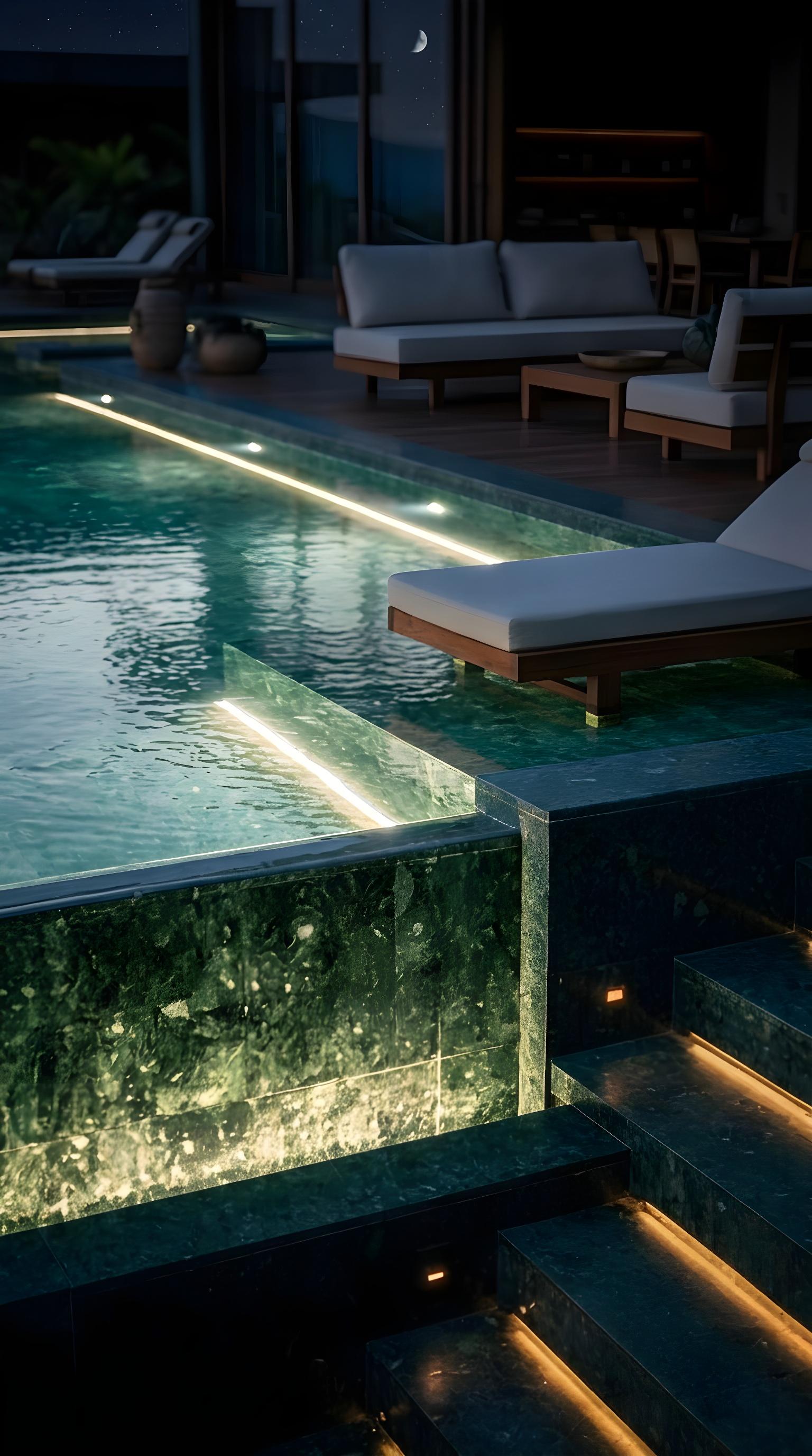 Poolside edge in Verde Pérola granite with LED lighting